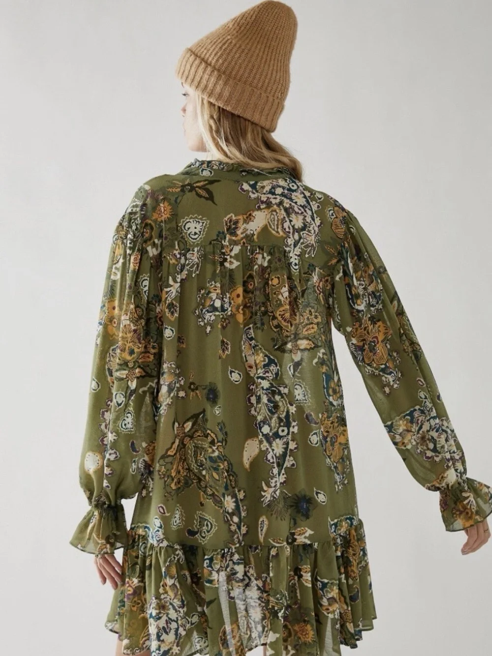 Free People Olive Green Floral Ruffle-Hem Long Sleeve Dress